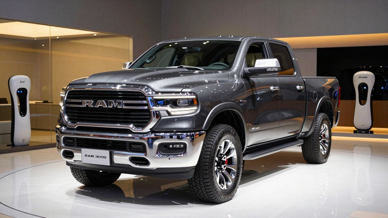 Pick-up cinzenta RAM 3000 exposta em salão automóvel, com fundo iluminado e dois postos de carregamento elétrico.