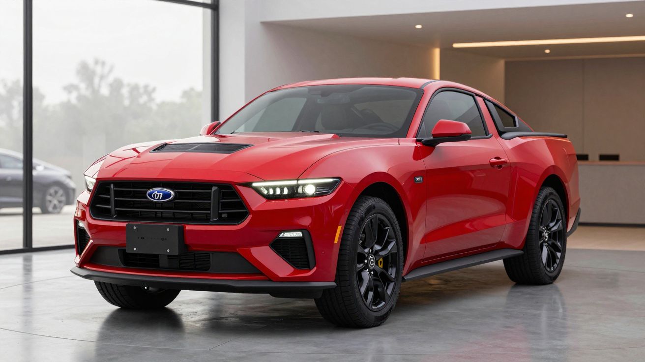 Carro desportivo vermelho estacionado numa garagem moderna, iluminada por luz natural.