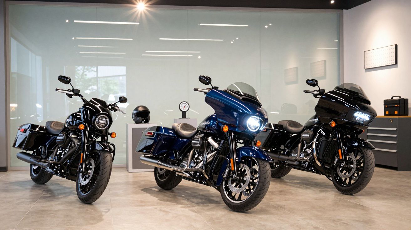 Três motocicletas encostadas numa parede de vidro numa sala iluminada e moderna.