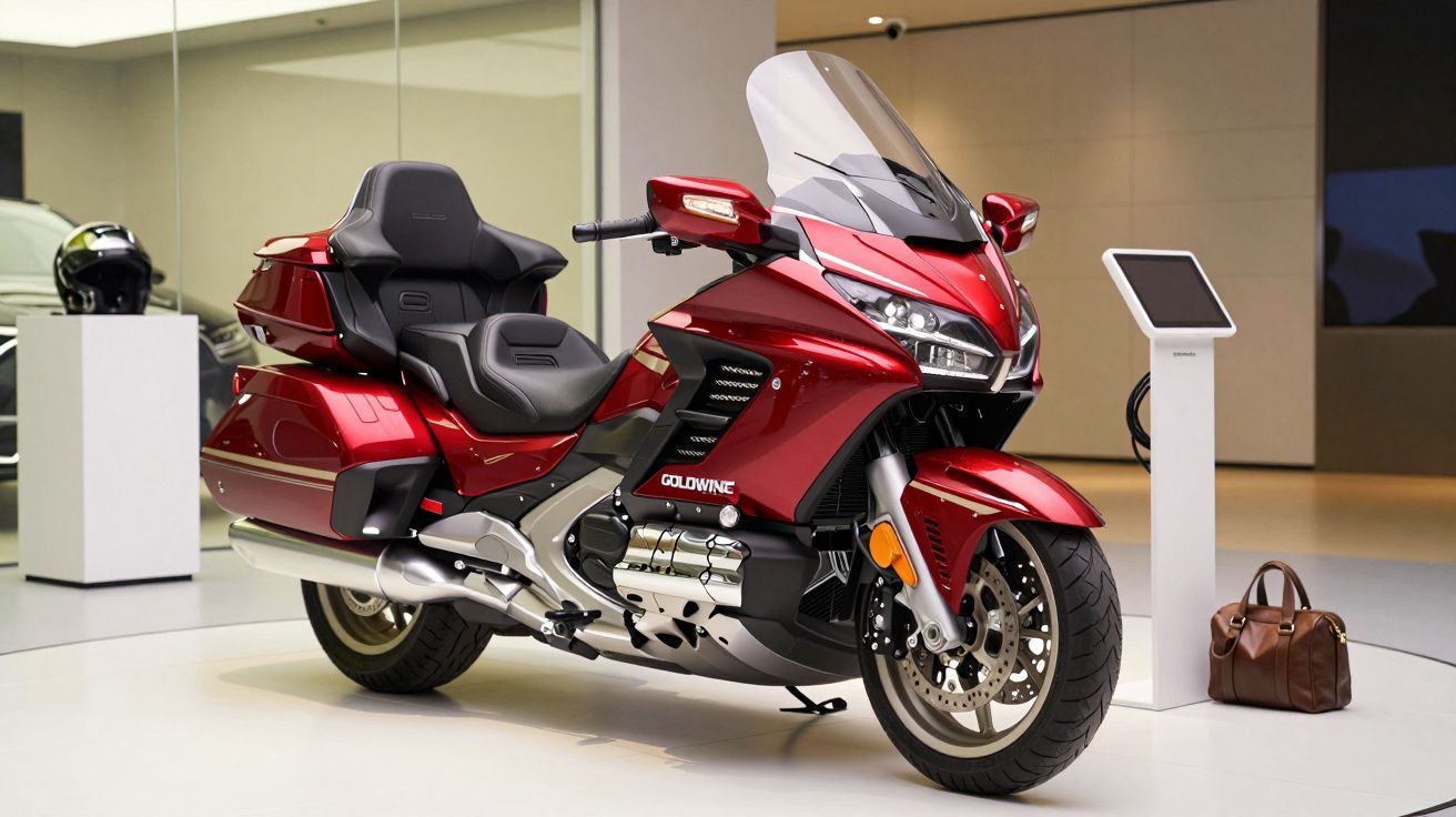 Moto vermelha num showroom moderno, com ecrã interativo e mala no chão ao lado.