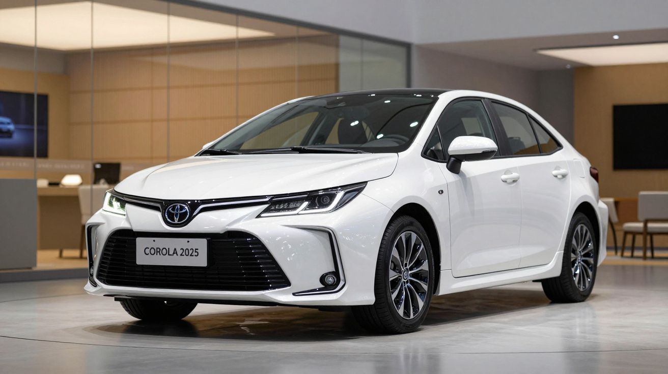 Carro sedã branco com design moderno em exposição, placa identificando como "Corolla 2025".