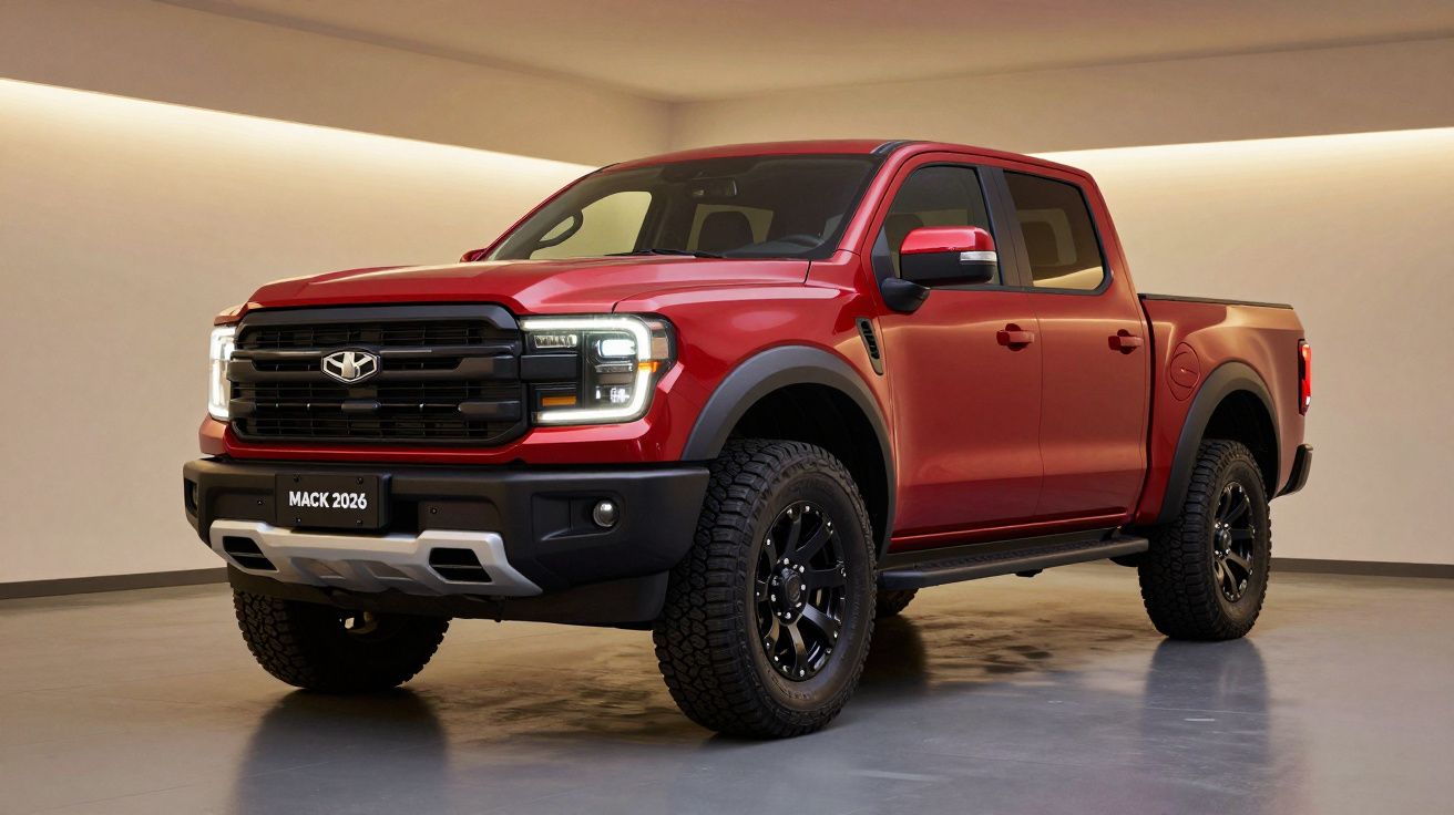 Camião pickup vermelho num salão iluminado, de design robusto, com pneus off-road e grelha dianteira larga.