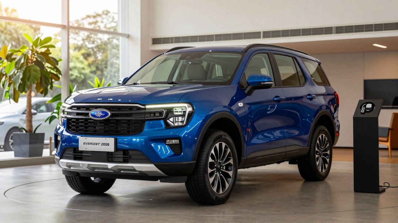 Carro azul exposto num showroom, com design moderno e elegante, ao lado de uma estação de carregamento elétrica.