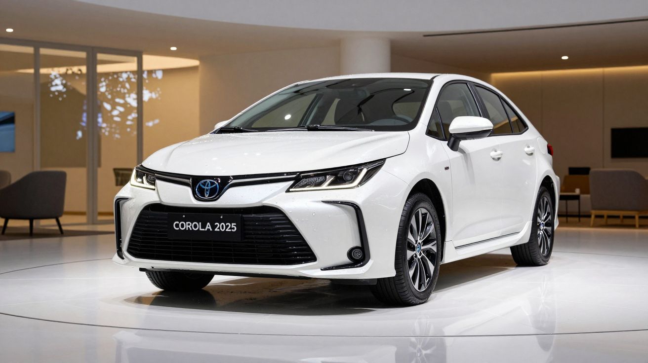 Toyota Corolla 2025 branco em exposição, num espaço moderno com mobiliário elegante ao fundo.