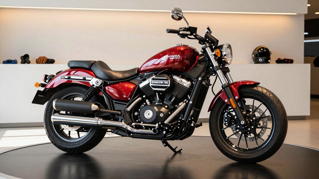 Moto Honda Shadow 750 vermelha em exposição num espaço moderno, com capacetes e acessórios ao fundo.