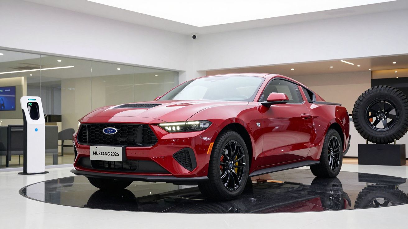 Carro desportivo vermelho Ford Mustang 2026 em exposição num showroom moderno, com uma estação de carregamento ao lado.