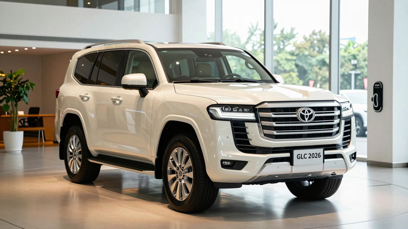 SUV branco estacionado num showroom moderno com janelas grandes e árvores ao fundo. Placa diz "GLC 2026".