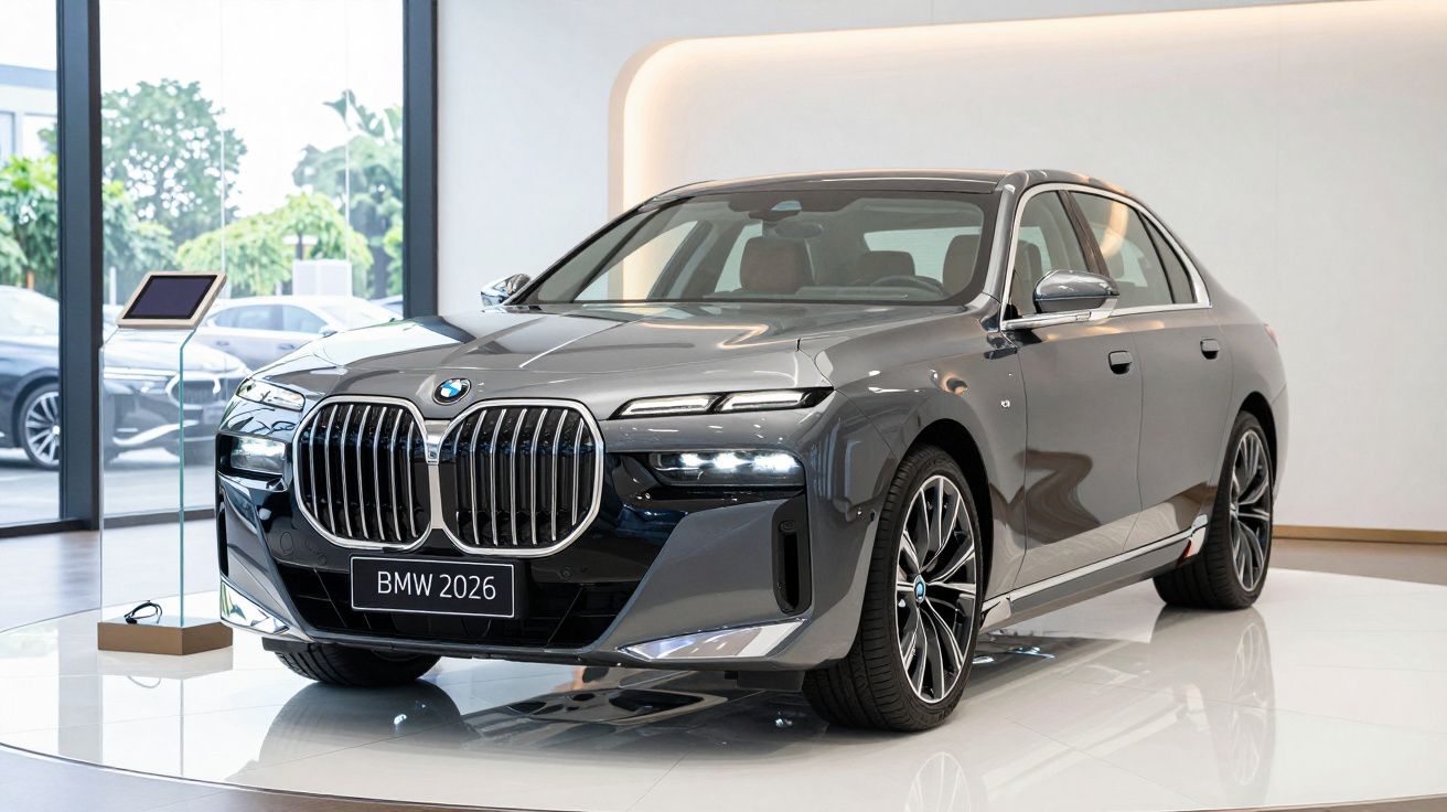 Carro BMW cinzento em exposição num showroom moderno com design elegante e tecnológico.