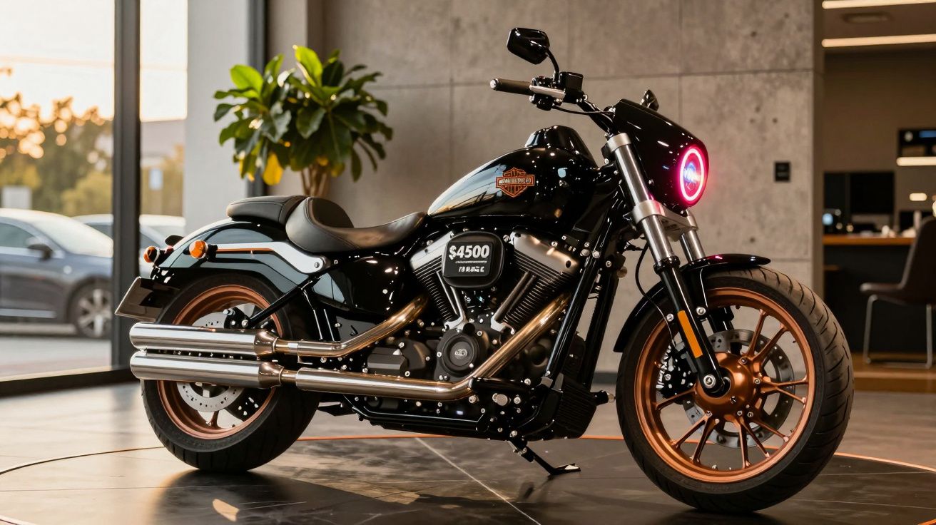 Motocicleta preta e laranja em exposição numa sala moderna com luz natural e uma planta no fundo.