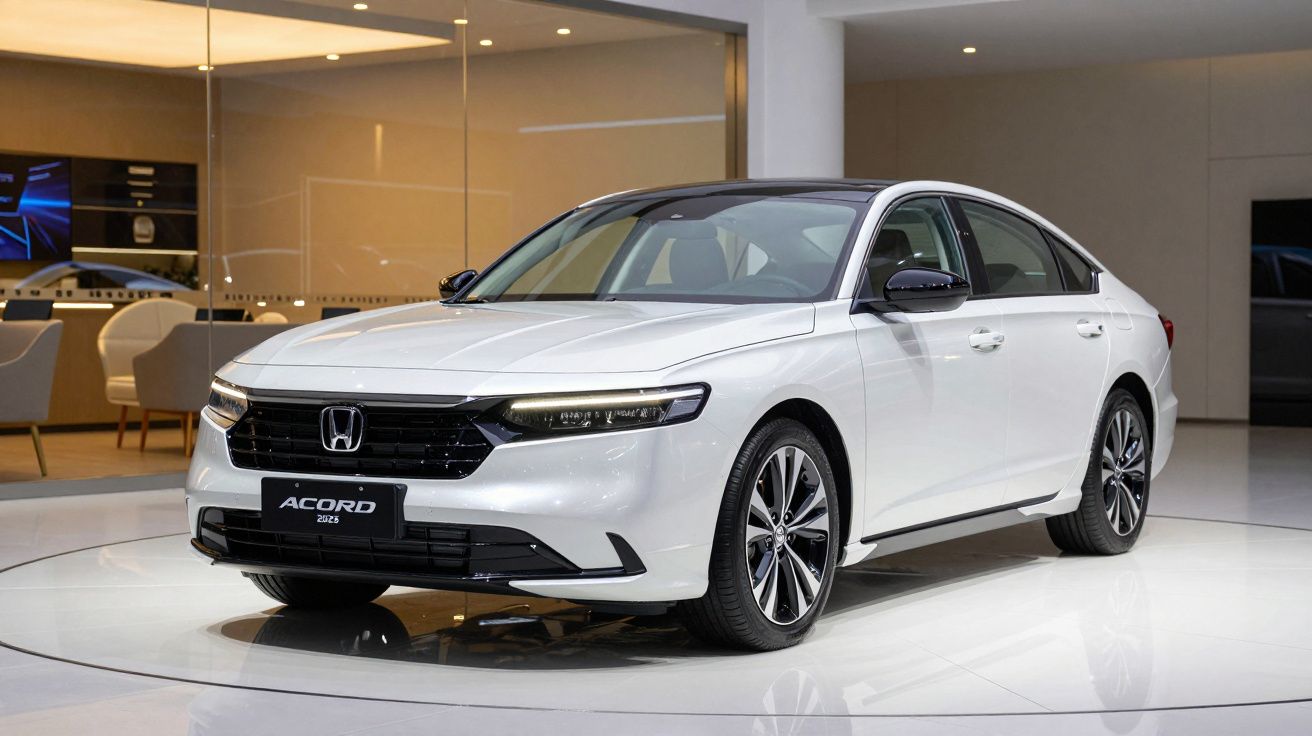 Carro Honda Accord 2023 branco em exposição num showroom iluminado.