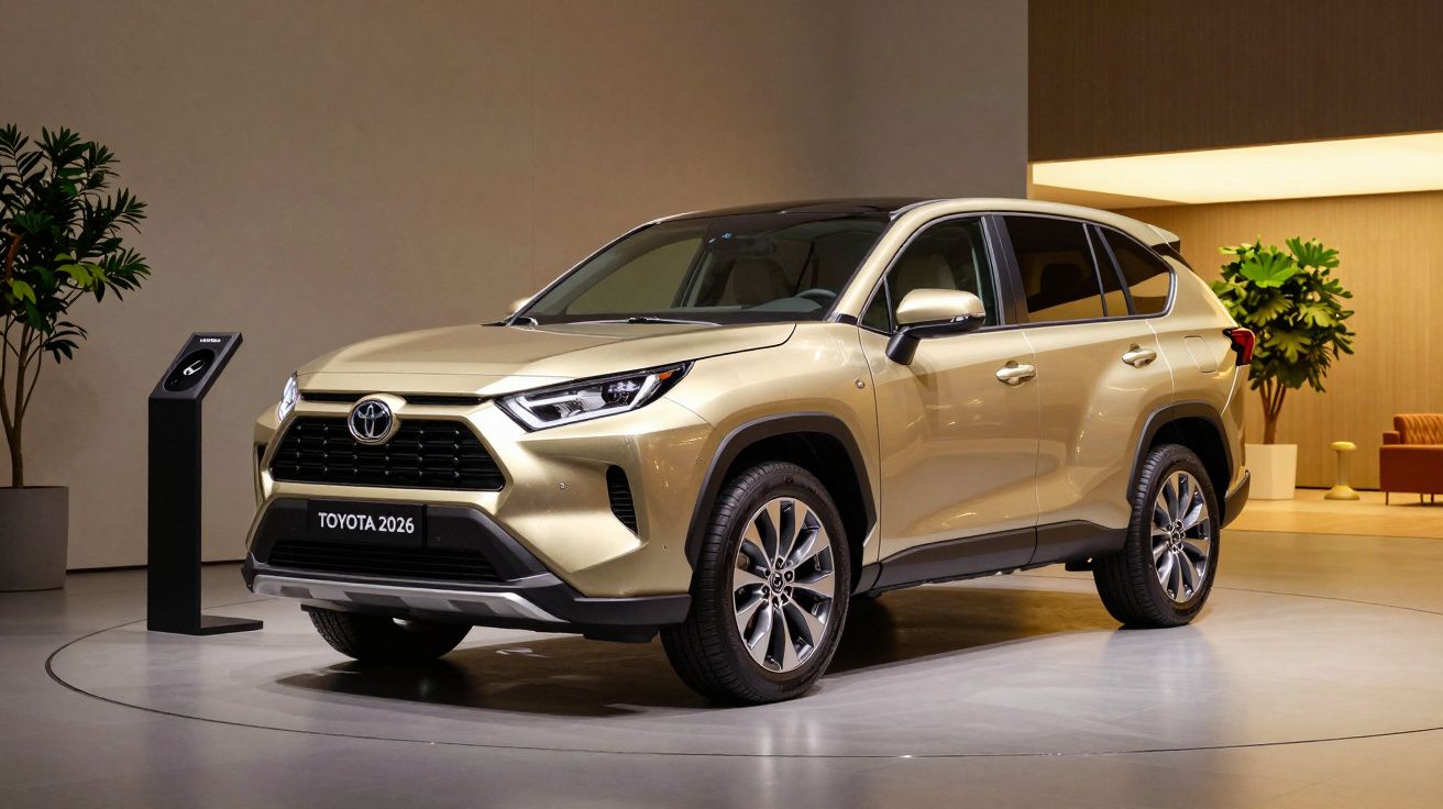 SUV Toyota dourado de 2026 em exposição interior, ao lado de um painel informativo preto.