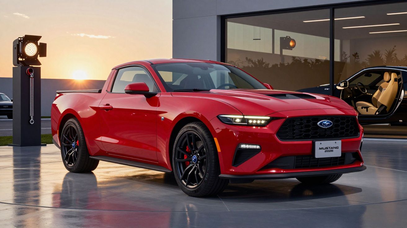 Carro desportivo vermelho estacionado ao pôr do sol, com faróis acesos e edifício moderno ao fundo.