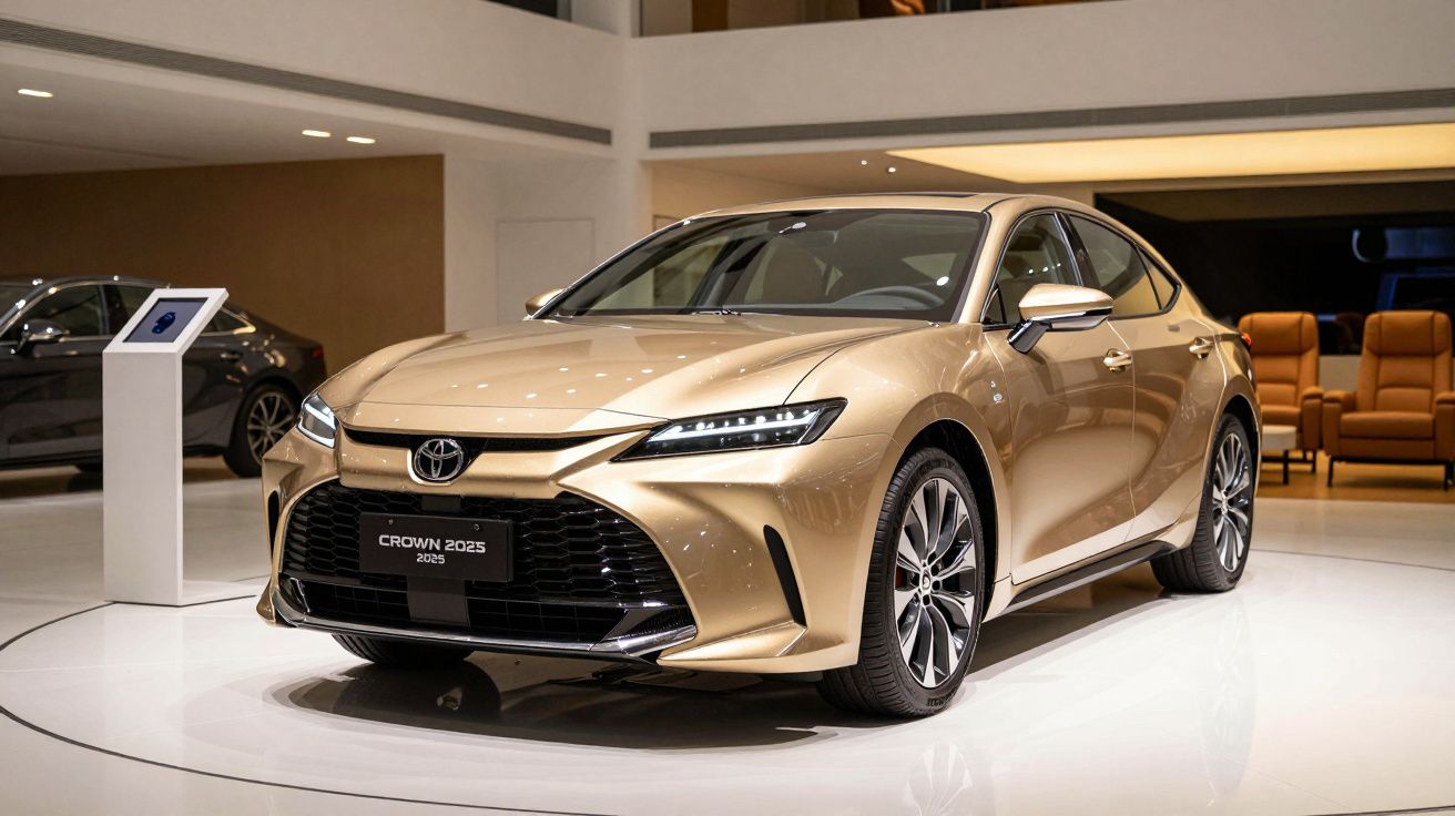 Carro dourado Toyota Crown 2025 exposto em salão de automóveis iluminado.