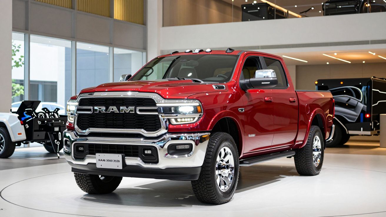 Camião pickup vermelho num showroom, com design moderno e imponente, refletindo luzes do ambiente interior.