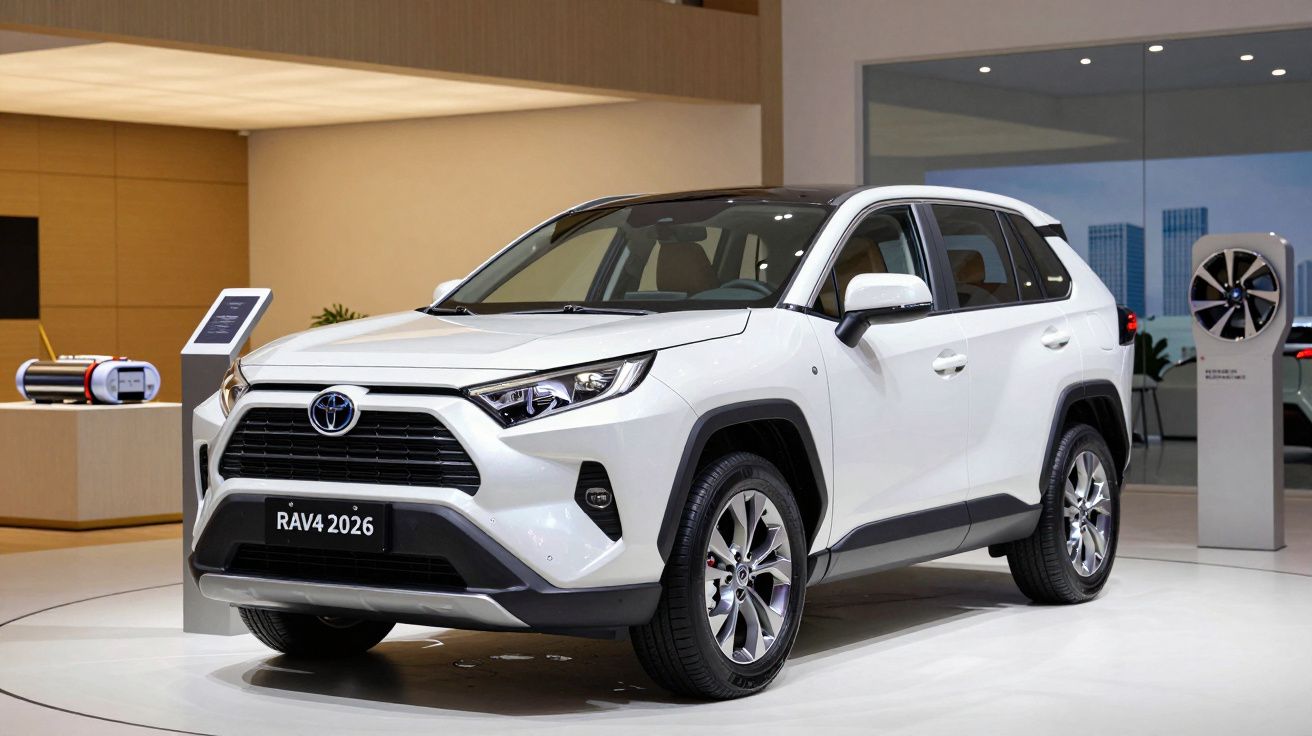 Toyota RAV4 2026 branco exposto num salão automóvel moderno, com design elegante e detalhes futuristas.