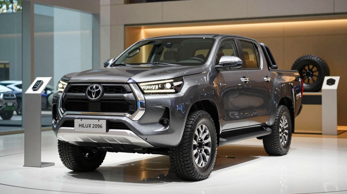 Camião cinza Toyota Hilux 2096 em exposição num showroom iluminado.
