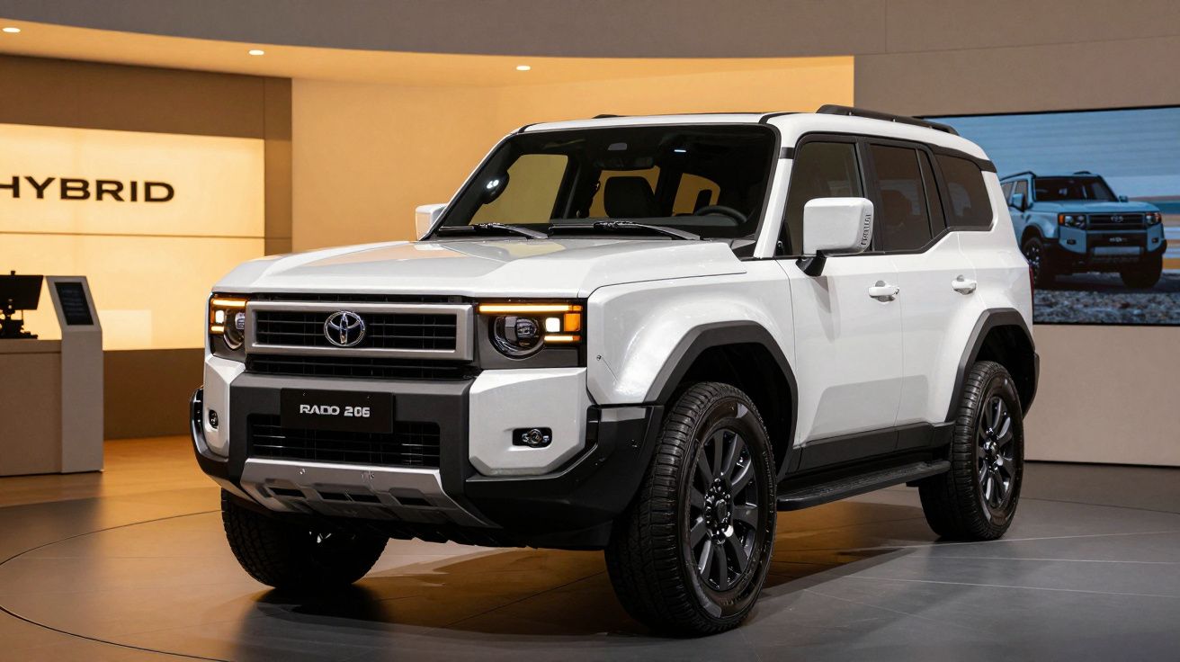 SUV branco Toyota Prado, exposto em showroom iluminado, com design robusto e moderno.