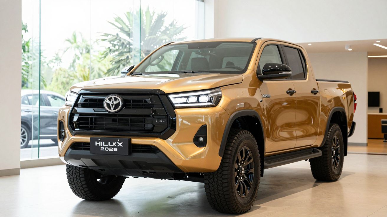 Camião Toyota Hilux 2026 dourado em exposição num showroom moderno e iluminado.