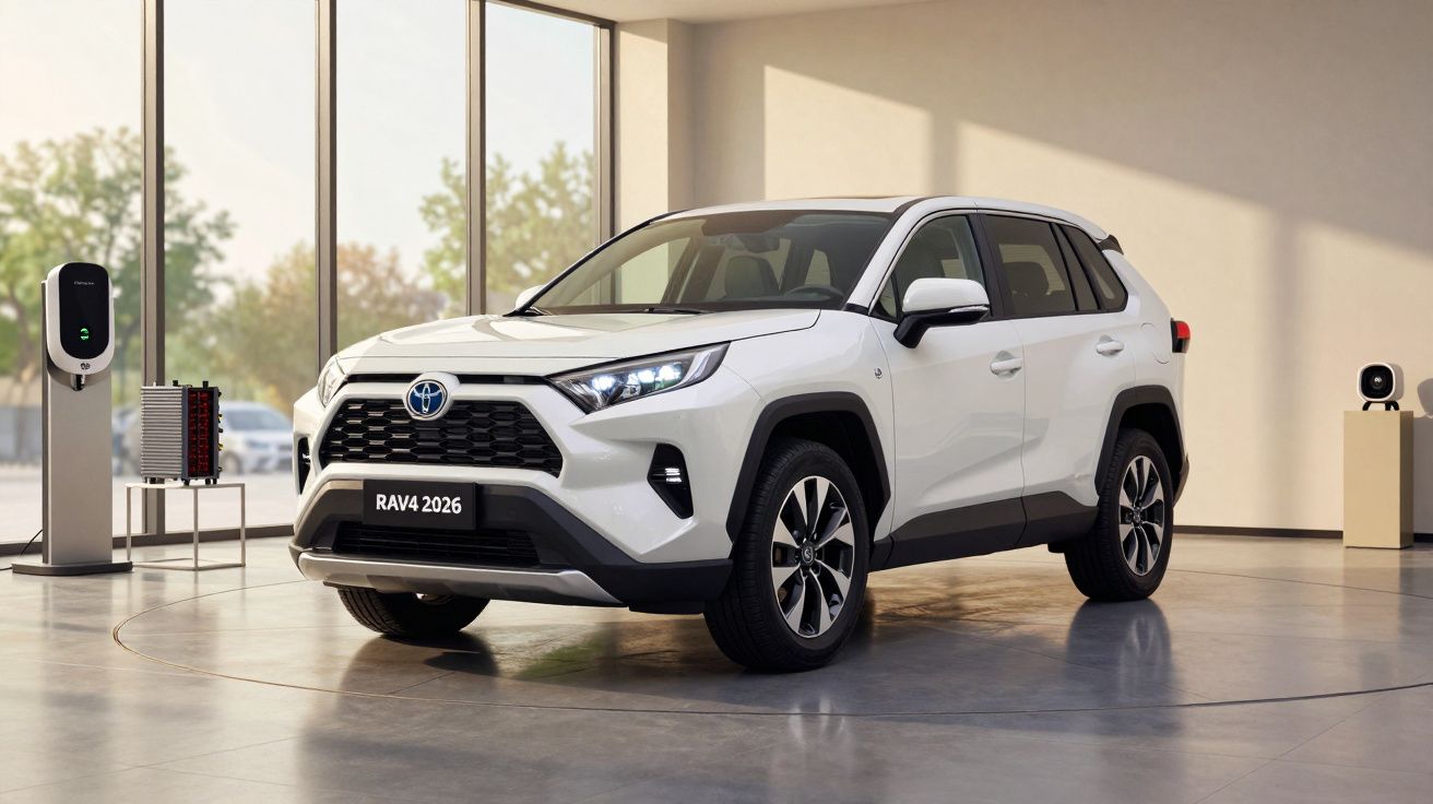 SUV branco num showroom, ao lado de um posto de carregamento elétrico. Luz natural entra pelas janelas ao fundo.