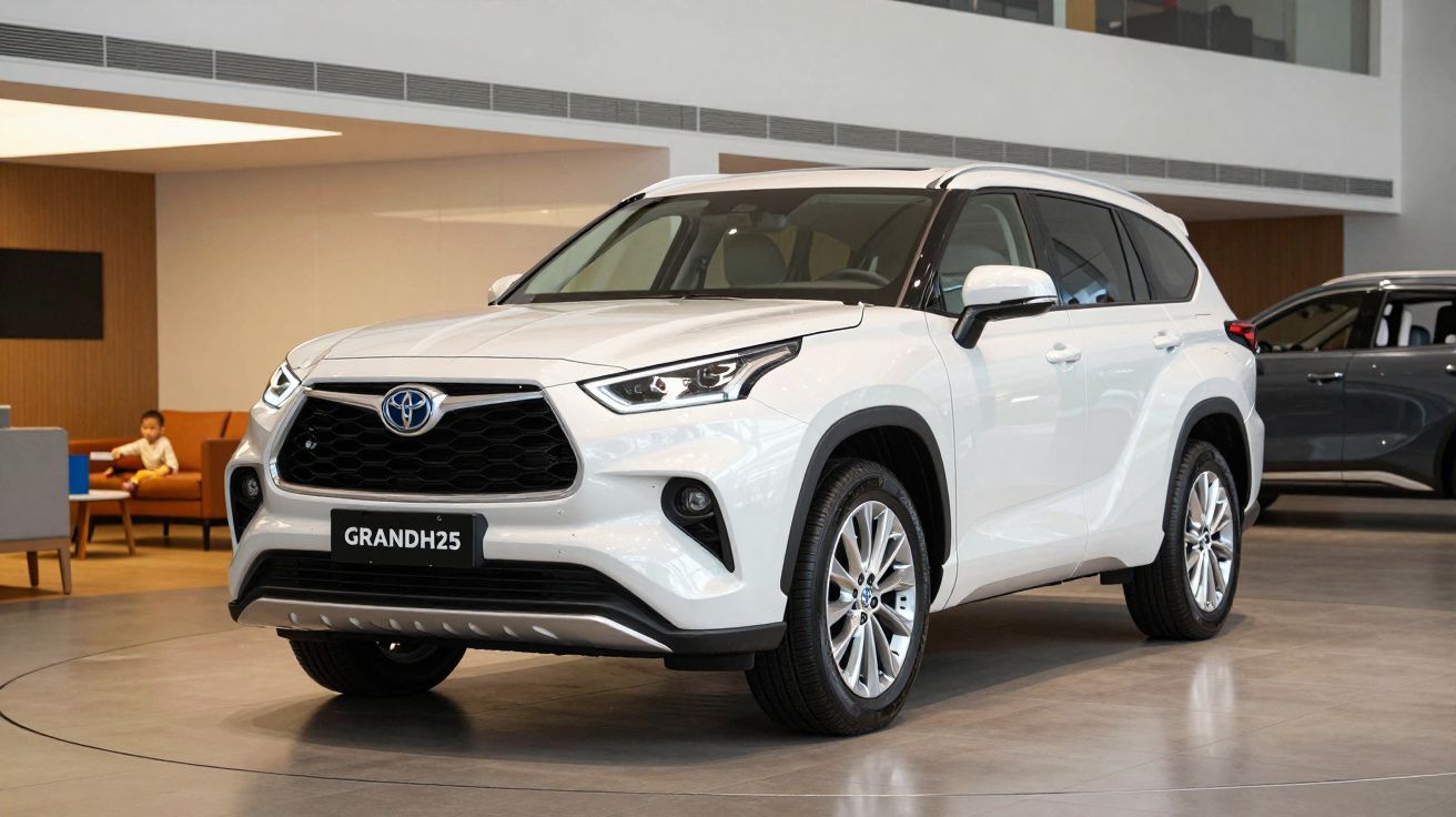 SUV branco Toyota exposto em showroom moderno, com detalhes elegantes e design aerodinâmico.