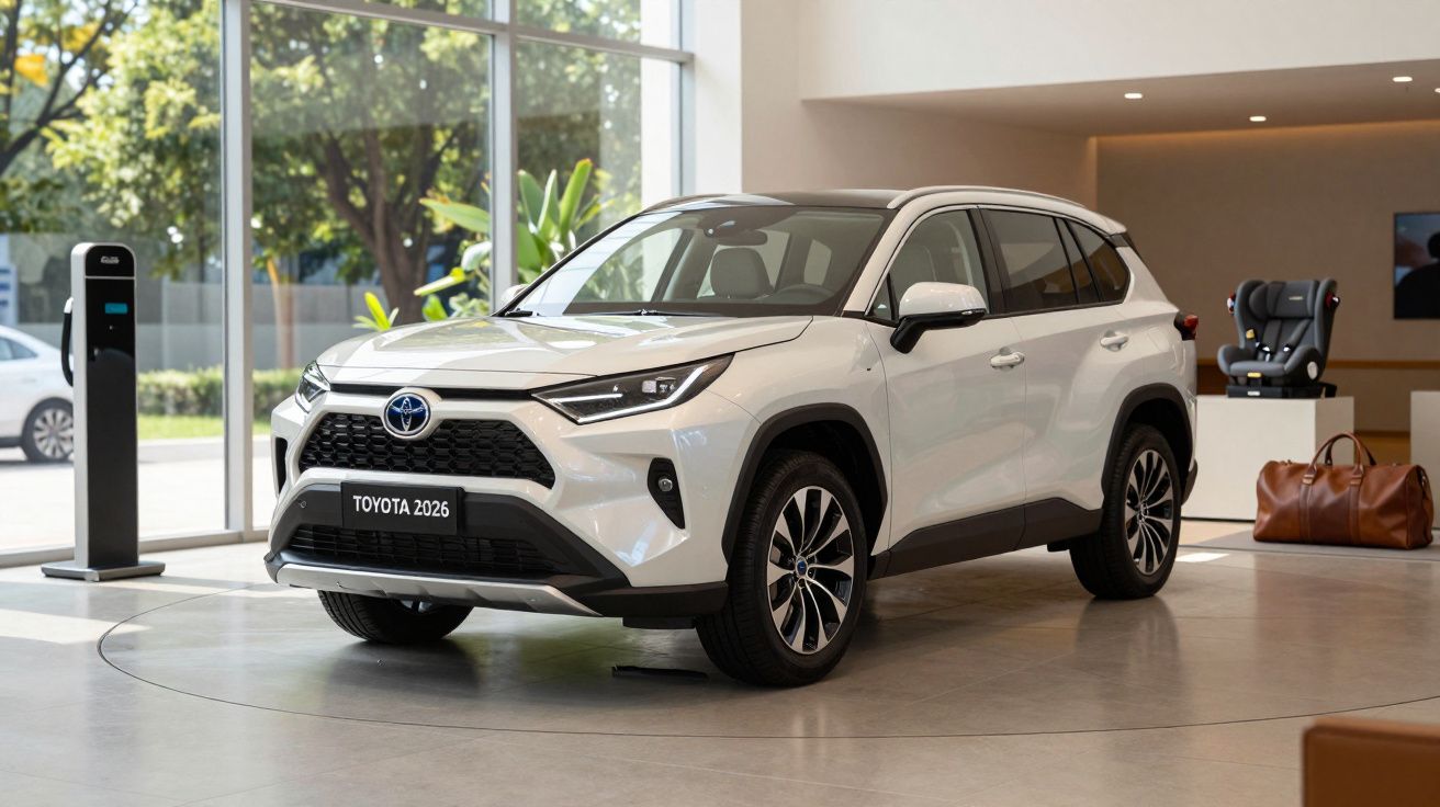 SUV branco Toyota exibido num showroom moderno, com grandes janelas ao fundo e estação de carregamento ao lado.