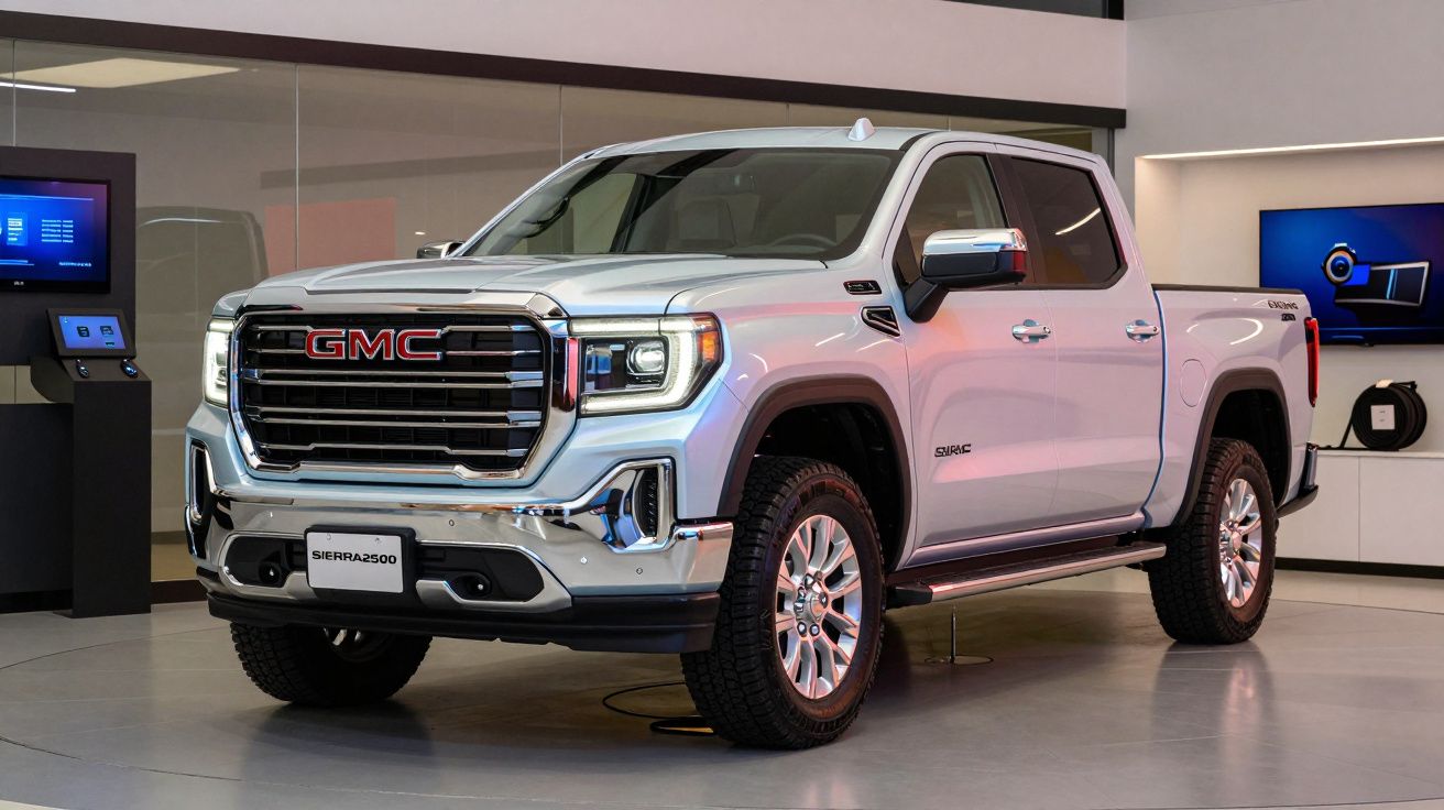 Camião GMC Sierra 2500 branco em exposição num salão de automóveis, visto de frente e ligeiramente de lado.