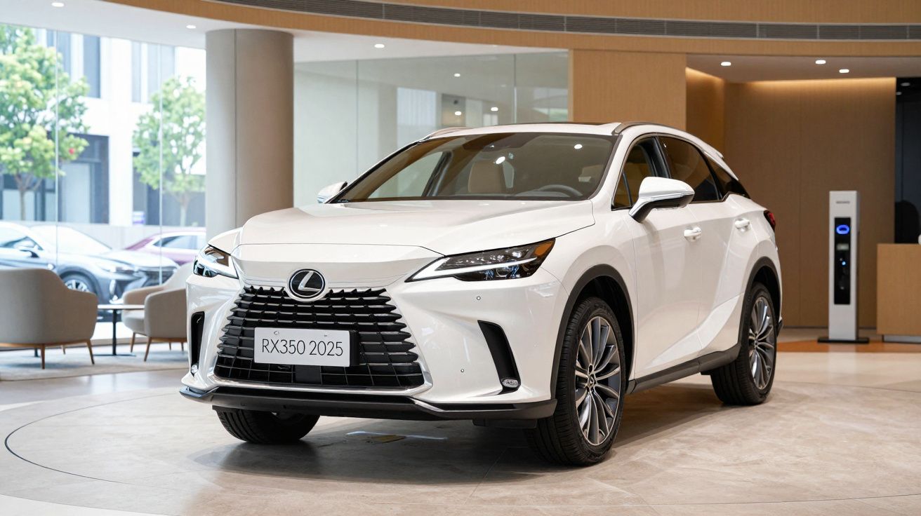 SUV branco Lexus RX 350 de 2025 exibido num showroom moderno, com design elegante e jantes prateadas.