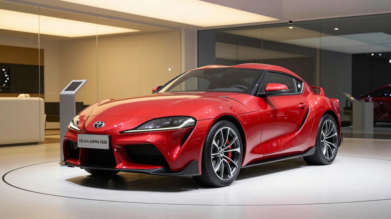 Carro desportivo vermelho, modelo Toyota Celica Supra 2026, exibido num stand de automóveis.