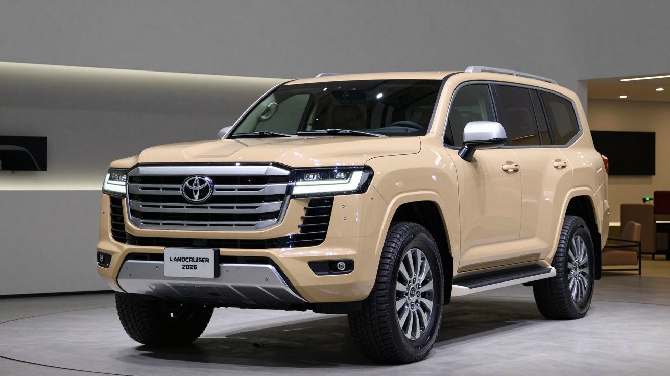 SUV Toyota Land Cruiser 2026 amarelo, exibido em um salão de automóveis com iluminação suave no fundo.