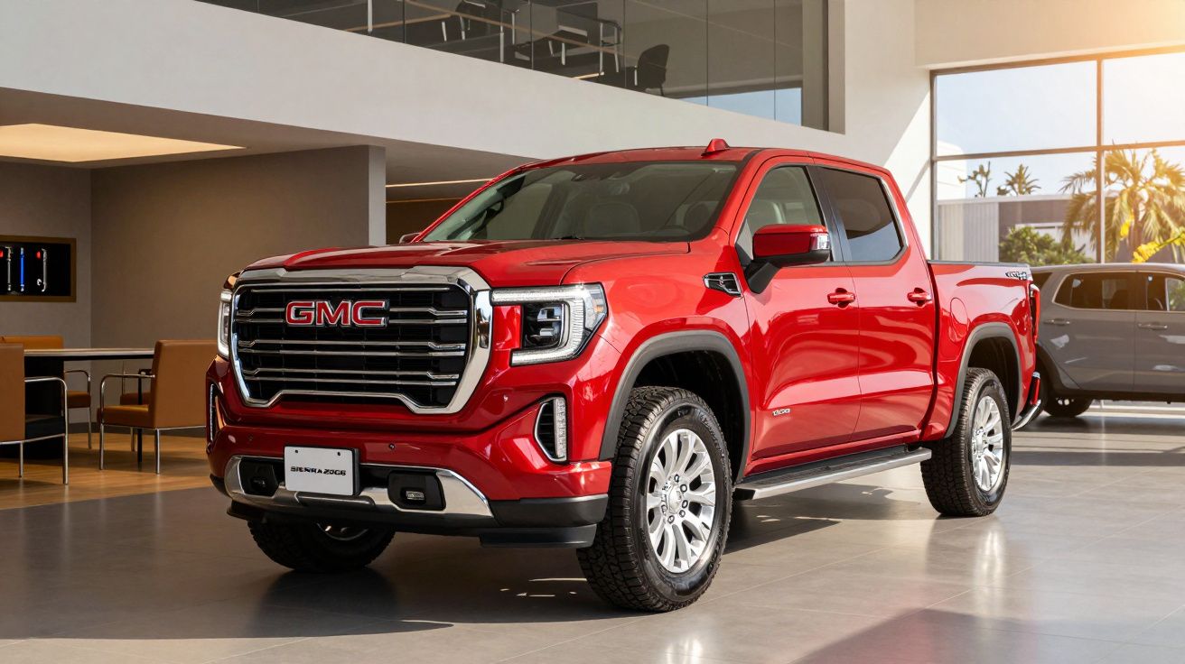 Camião vermelho GMC estacionado em showroom iluminado, com janelas amplas ao fundo.