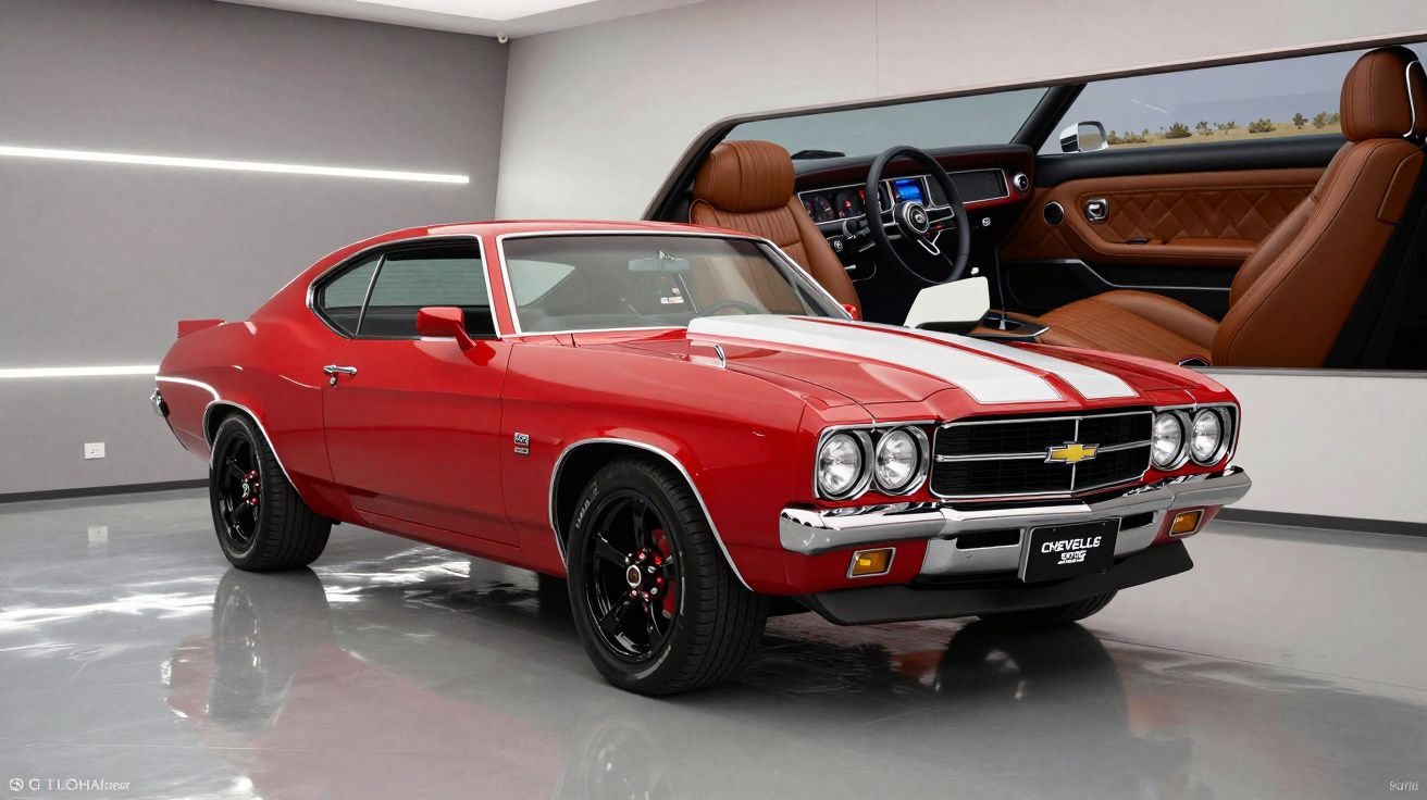 Carro clássico vermelho num showroom moderno, com interior vistoso em couro castanho visível ao fundo.