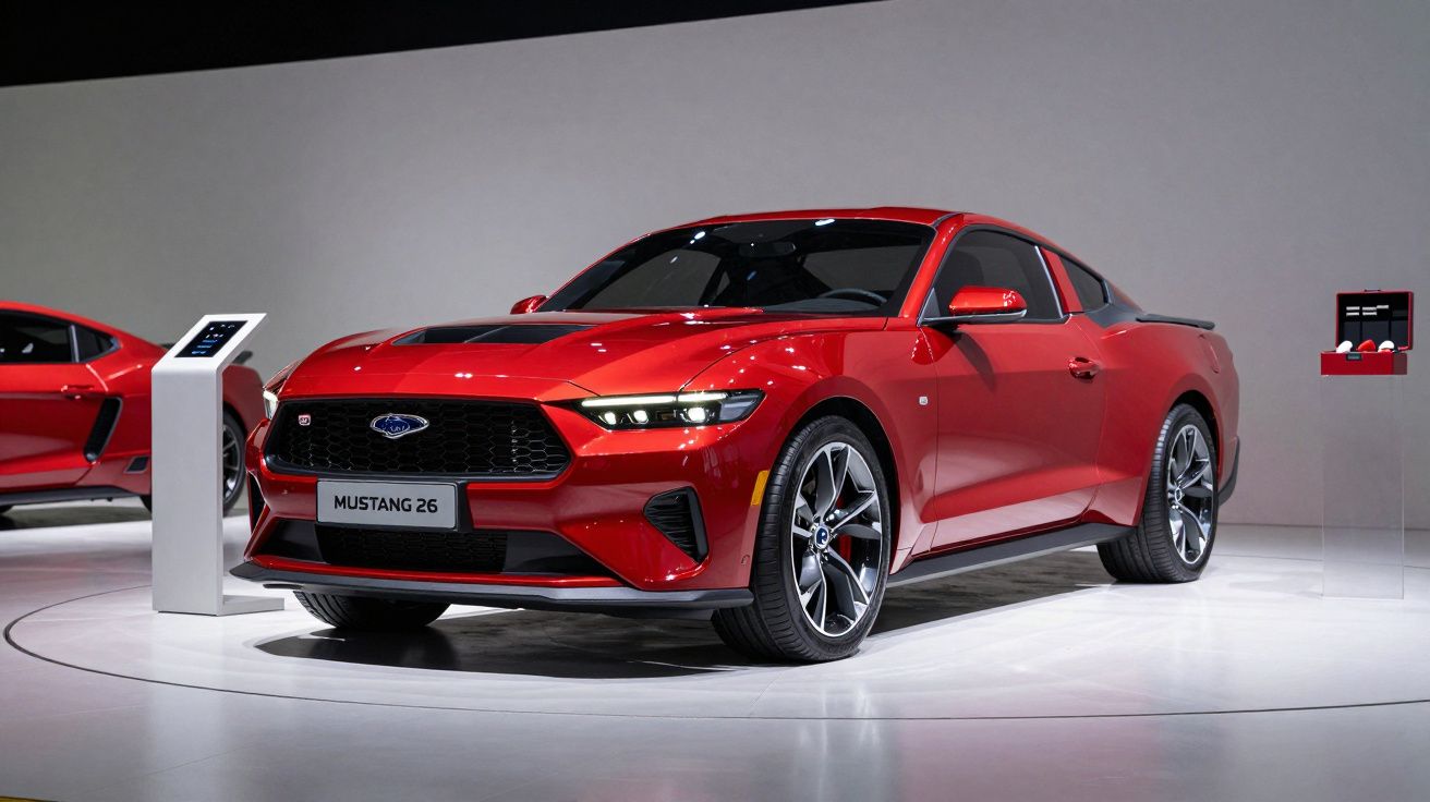 Carro desportivo vermelho exposto em salão automóvel, com design aerodinâmico e faróis LED, num pódio branco.