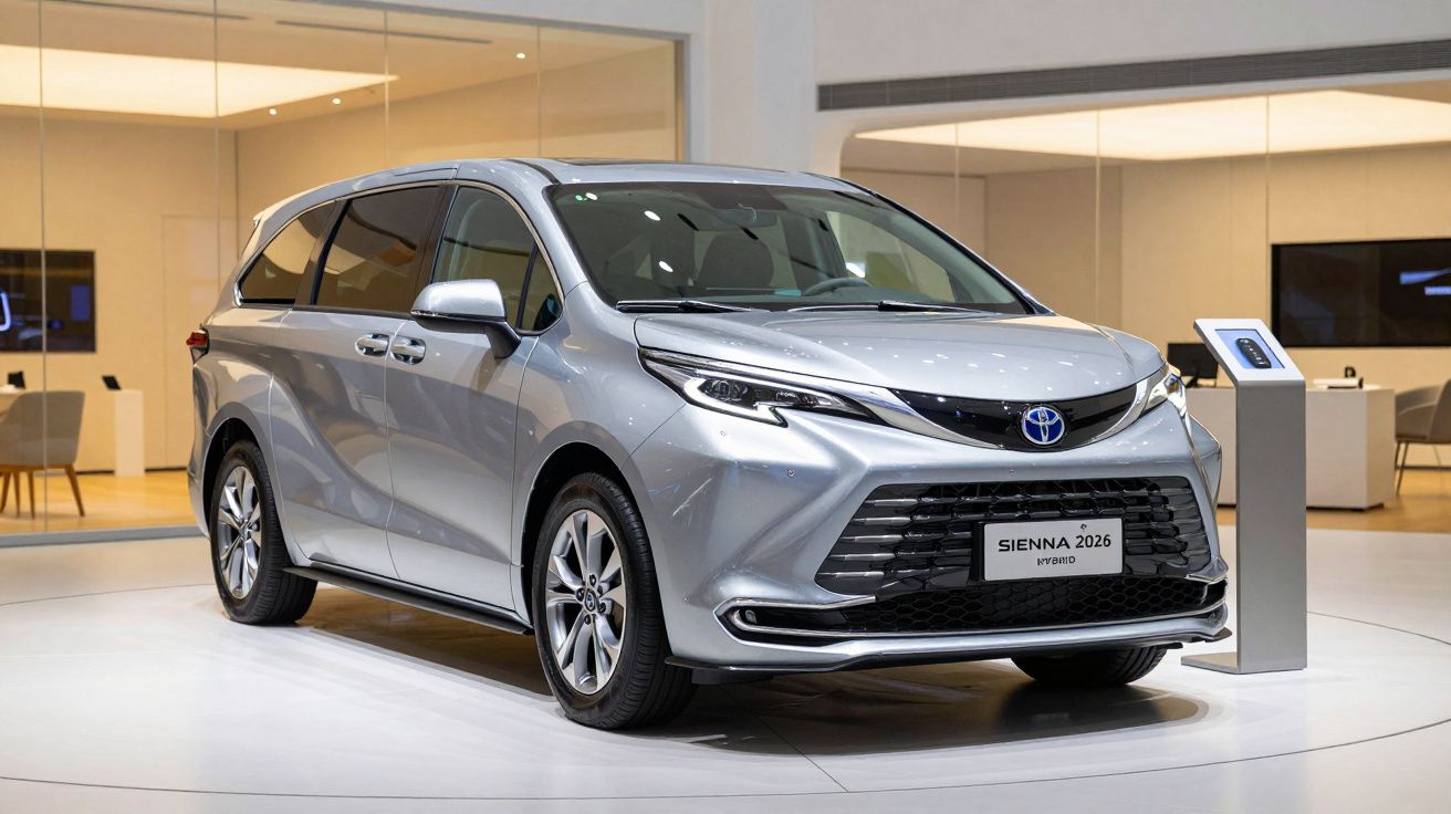 Minivan prateada Toyota Sienna 2026 em exibição num showroom moderno e bem iluminado.