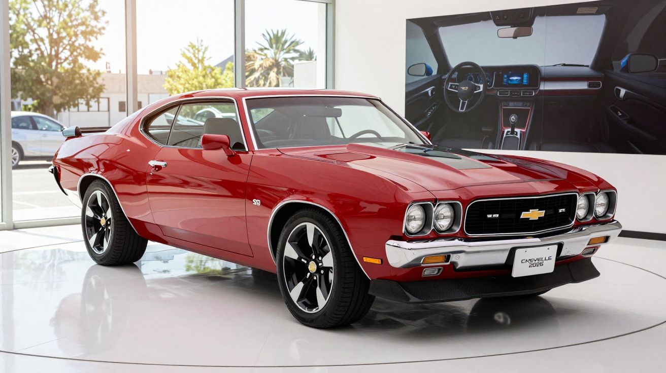 Carro clássico vermelho em exposição num showroom, com destaque para o logótipo na grelha frontal e jantes pretas.
