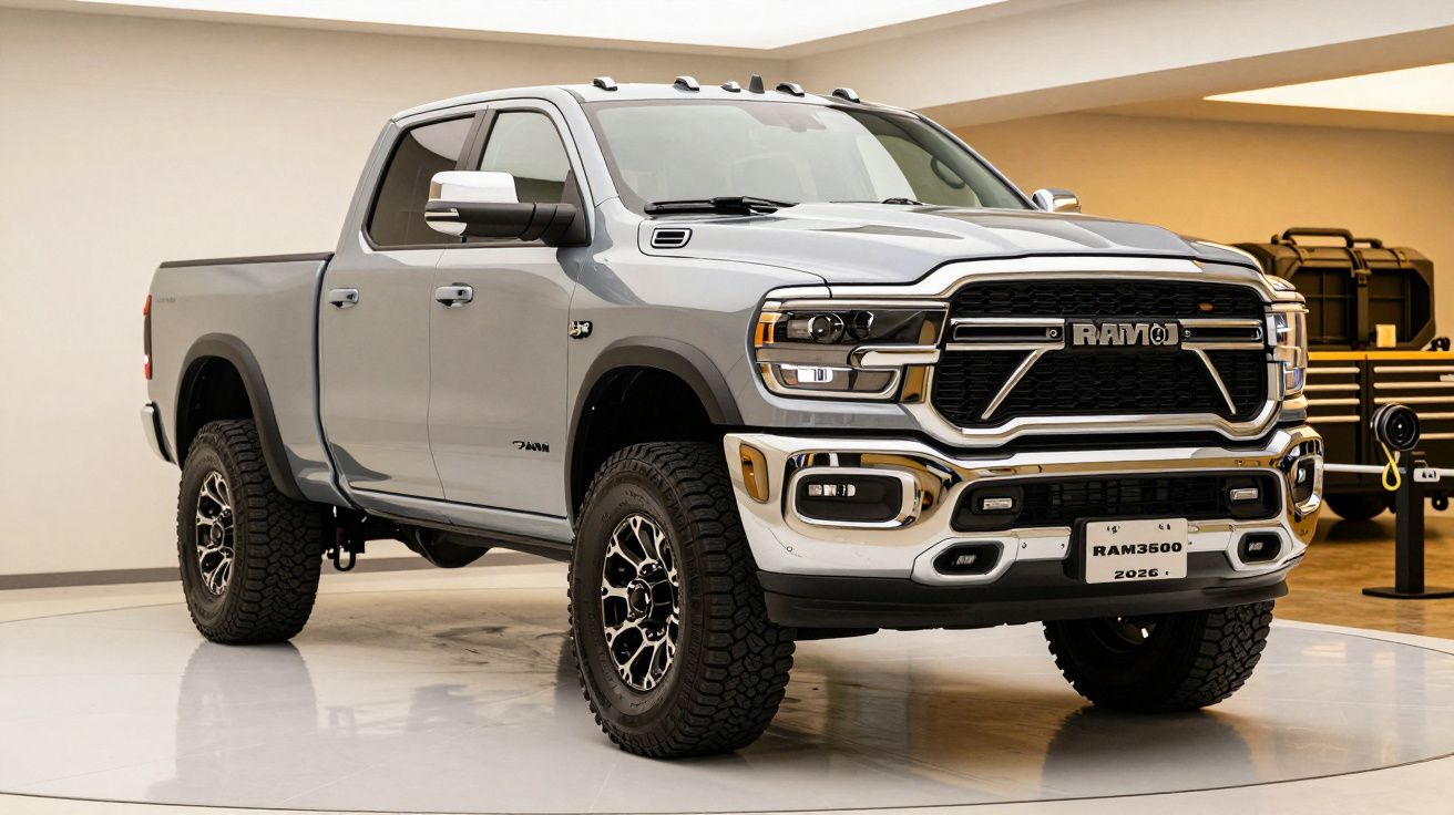 Camião pickup prateado RAM 3500 2026 em exposição num showroom bem iluminado.