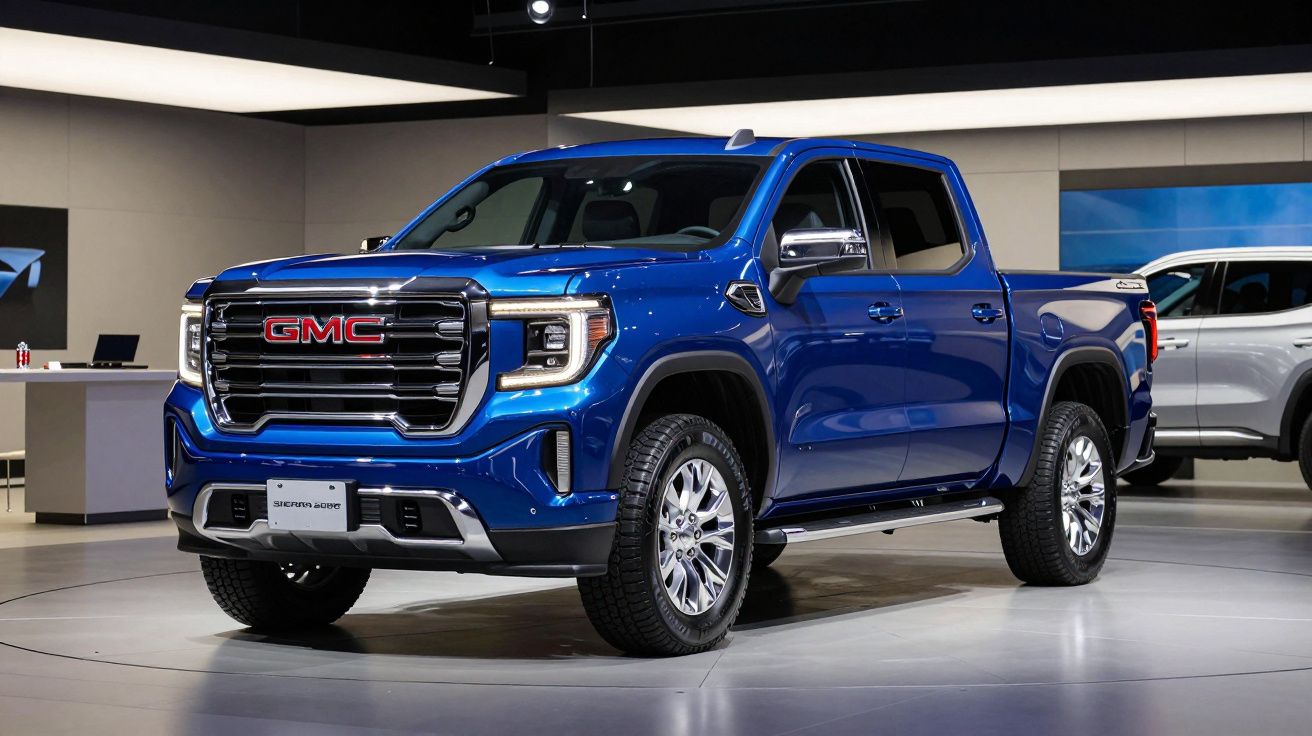Carrinha azul GMC Sierra Denali 2020 em exposição num salão automóvel, vista de frente e de lado.