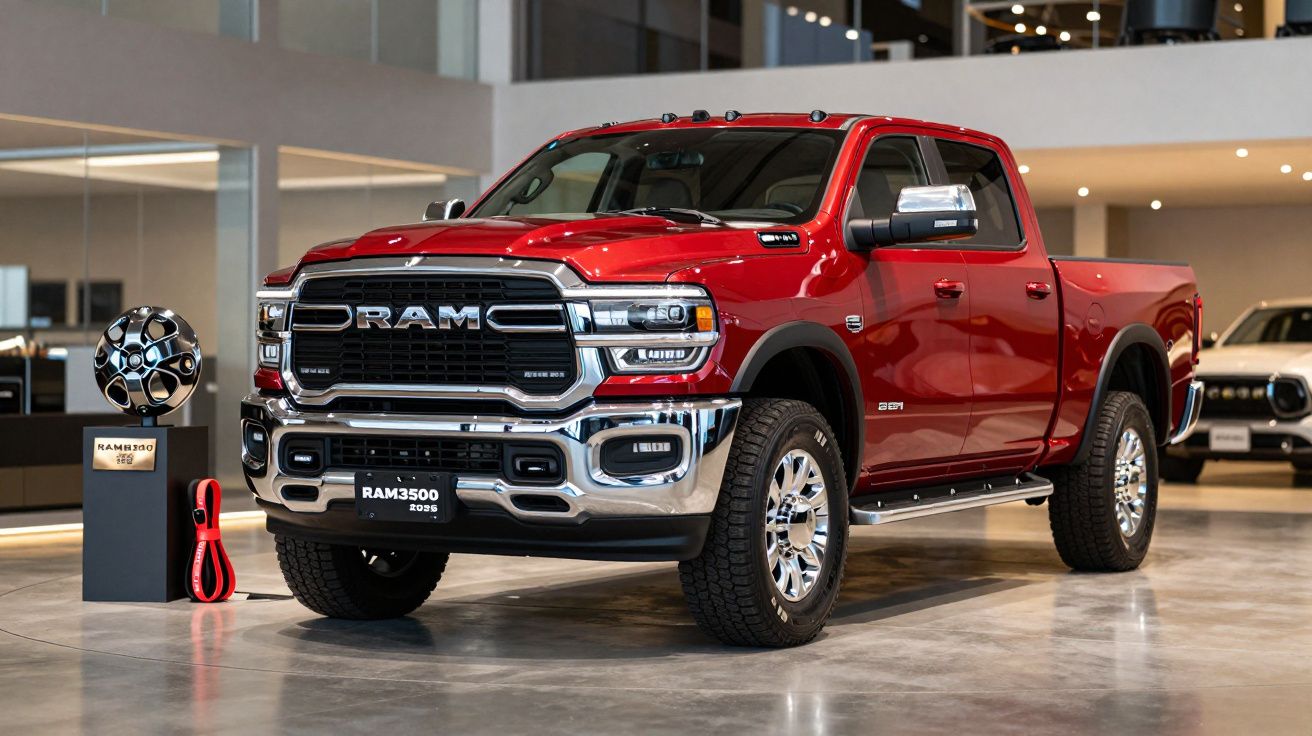Camião vermelho RAM 3500 exposto num showroom moderno com iluminação suave e veículo ao fundo.