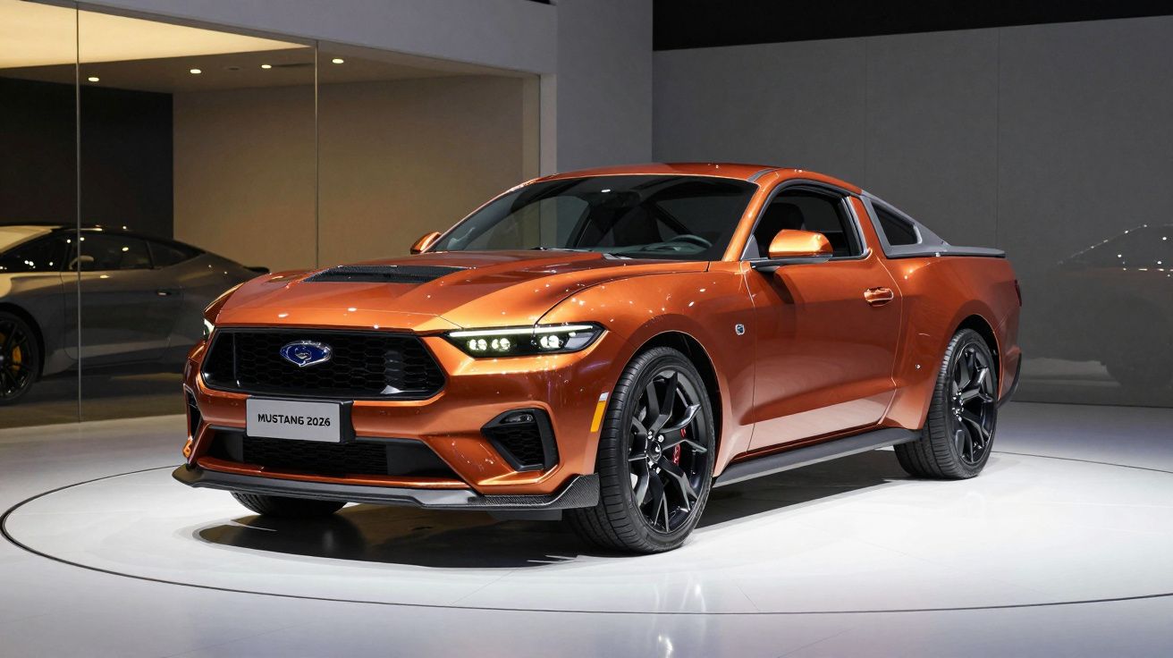 Carro desportivo laranja em exposição, modelo Mustang 2026, com design moderno e faróis LED acesos.