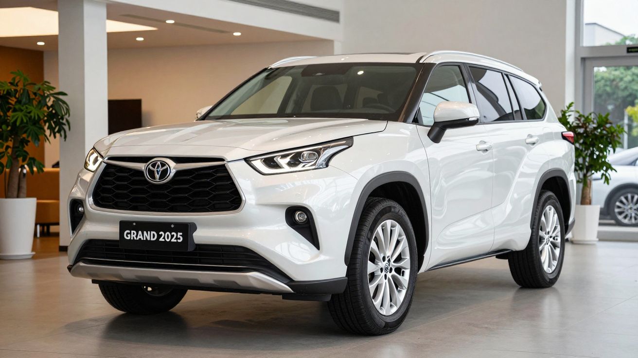 SUV branco Toyota num showroom, com design moderno e faróis LED, placa "Grand 2025".