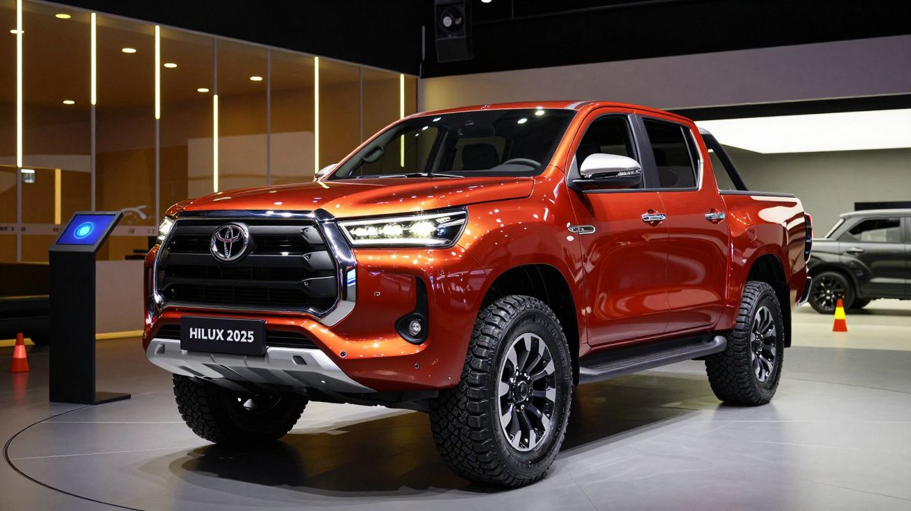 Pickup Toyota Hilux 2025 laranja em exibição num salão automóvel moderno.