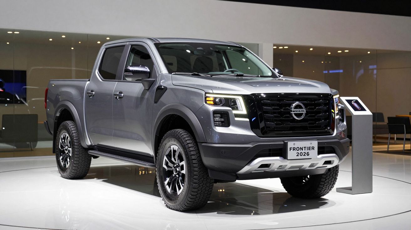Camião pickup cinza Nissan Frontier 2026 exposto numa sala de exposição moderna com iluminação subtil.