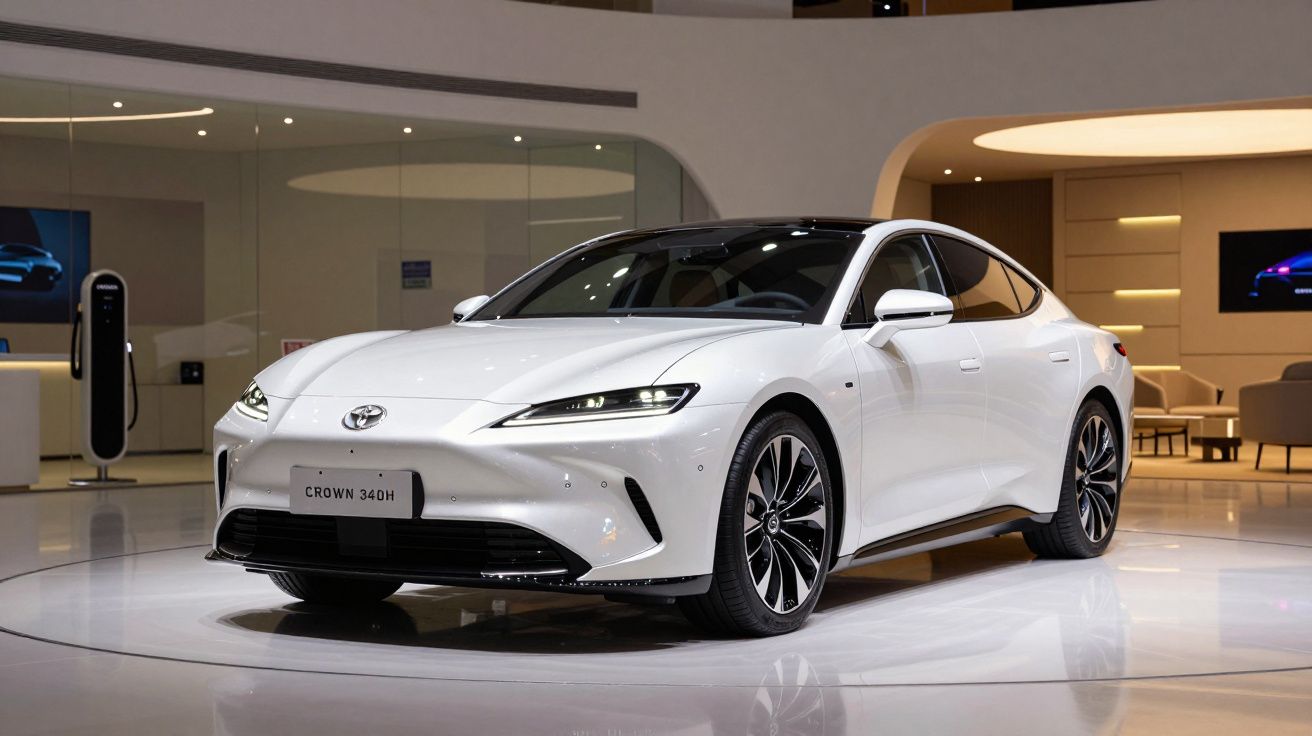 Carro branco Toyota Crown 340H exposto num showroom moderno com design elegante e iluminação suave.
