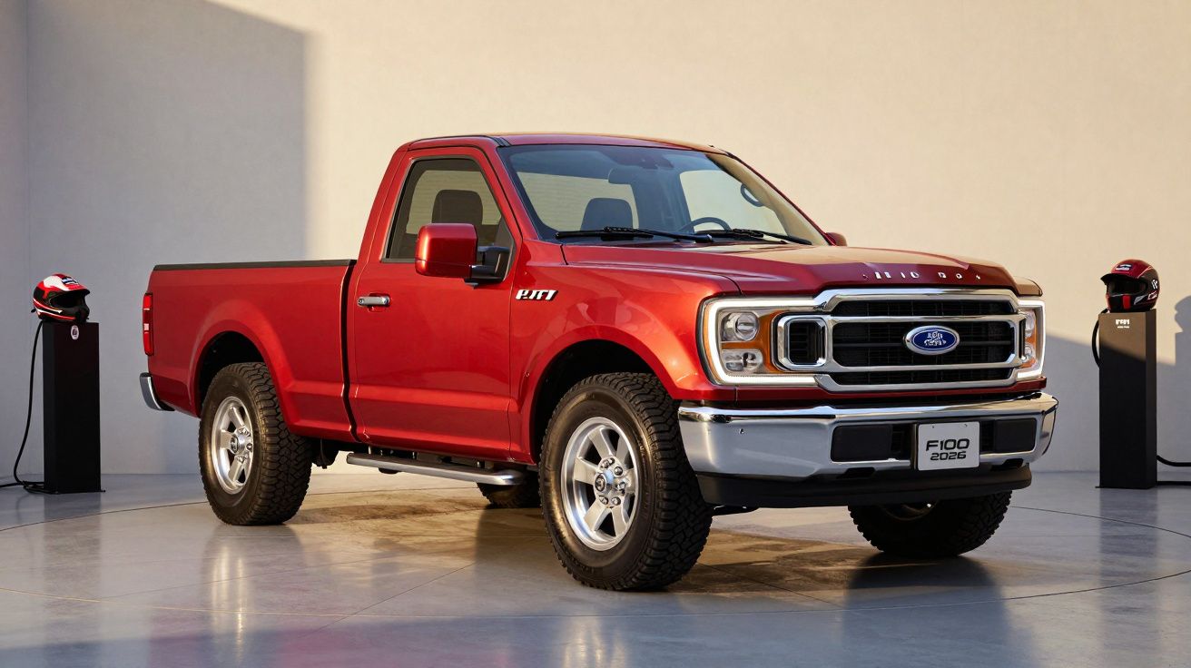 Camião Ford F-100 vermelho estacionado num espaço iluminado, com capacetes em suportes ao fundo.