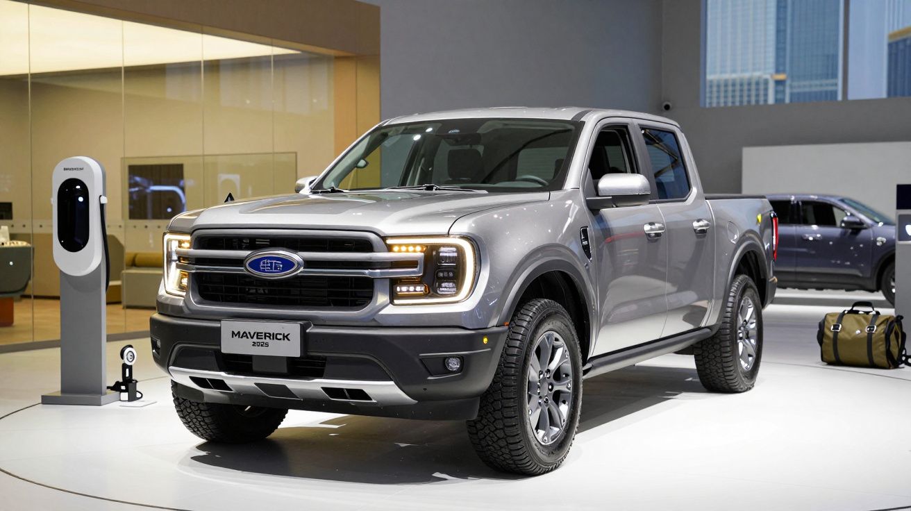 Pickup cinzenta Ford Maverick 2023 em exposição, ao lado de um carregador elétrico, em ambiente moderno.