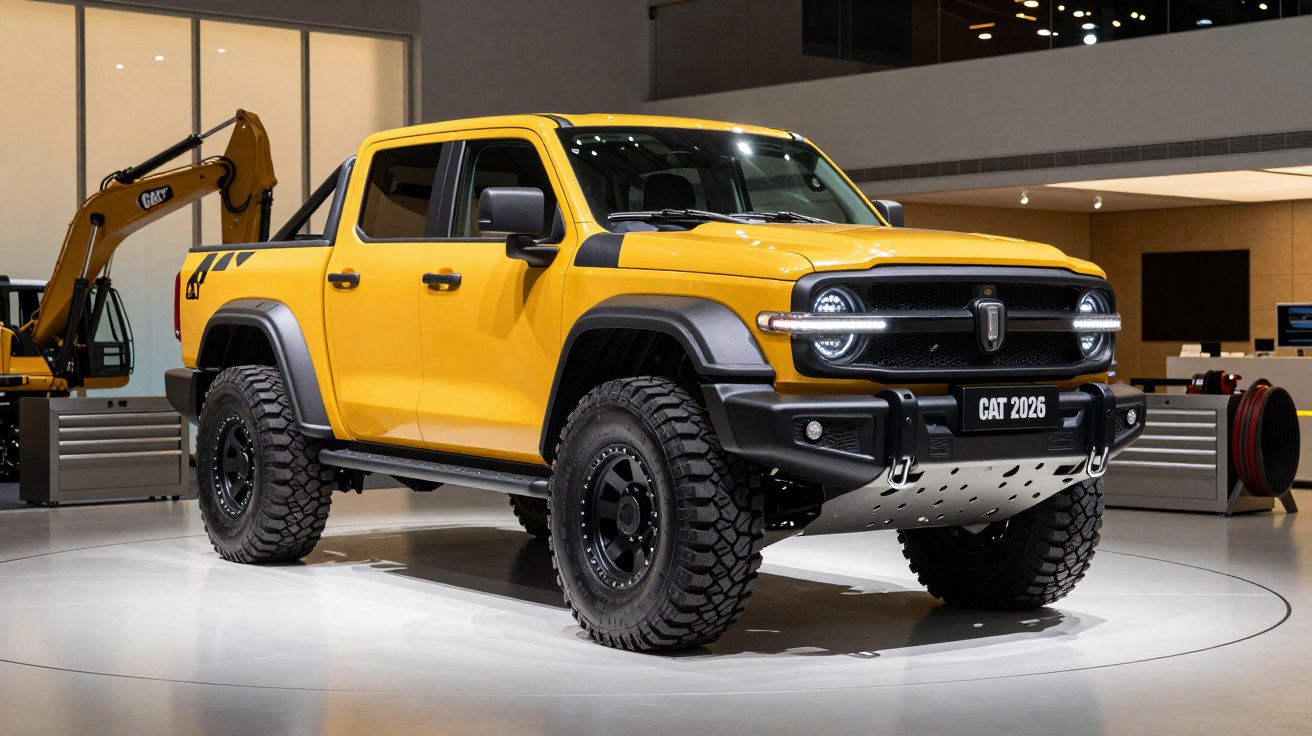 Camião amarelo robusto exposto num salão, com rodas grandes e faróis redondos acesos, e escavadora ao fundo.