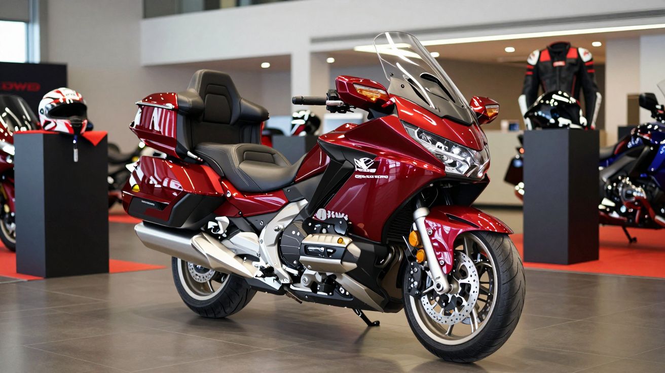 Motocicleta vermelha num showroom, com capacetes e acessórios em exposição ao fundo.