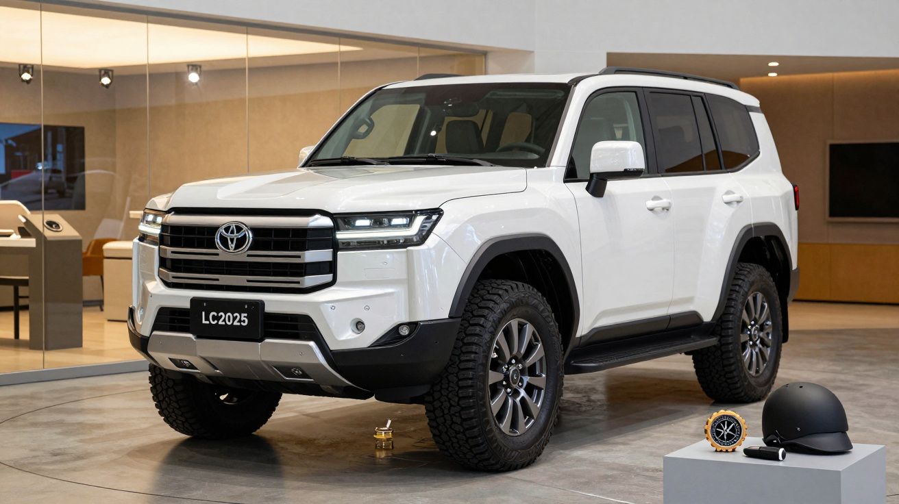 Carrinha SUV branca da Toyota, modelo LC2025, exposta em showroom moderno.