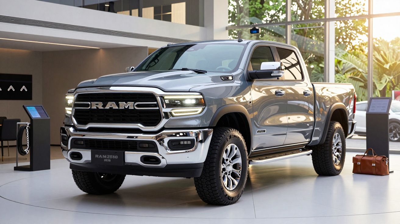 Camião cinza Ram 2500 num showroom moderno, lâmpadas acesas, ao lado de um banco e mala de couro.