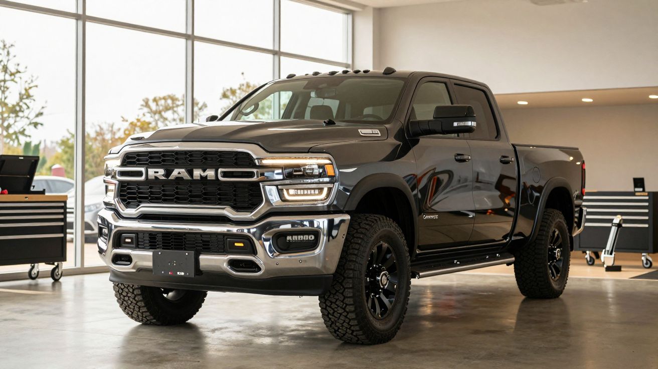 Camião pickup preto estacionado numa garagem iluminada, com janelas amplas e árvores ao fundo.