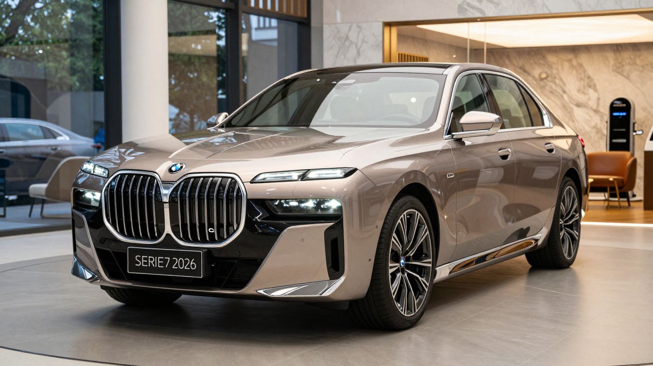 Carro BMW Série 7 2026, cor dourada, exposto num showroom.